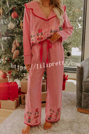 Nutcracker Charm Embroidered Gingham Loose Shirt and Elastic Waist Pajama Set
