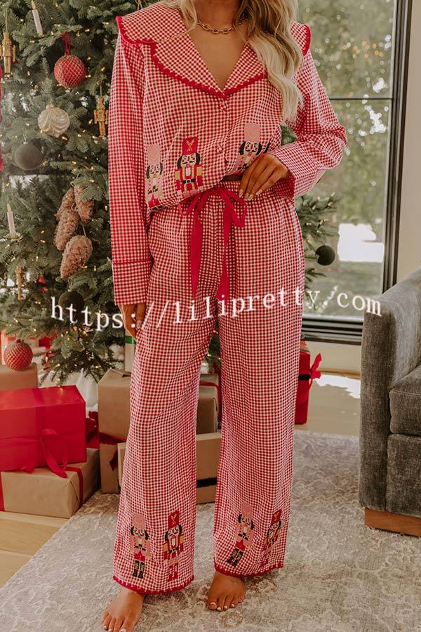 Nutcracker Charm Embroidered Gingham Loose Shirt and Elastic Waist Pajama Set