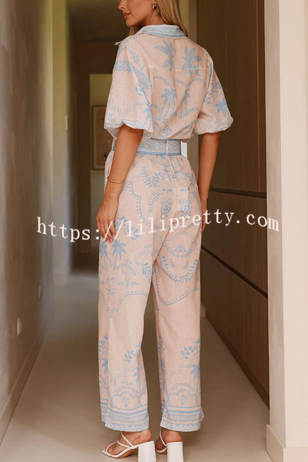 Linen Blend Lapel Puff Sleeve Loose Shirt and Casual Pocket Straight Pants Set
