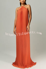 Coralie Pleated Metal Ring Halter Backless Loose Maxi Dress