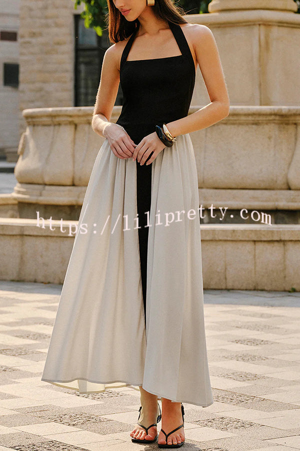 Fashion Contrast Color Stitching Sleeveless Backless Slim Maxi Dress