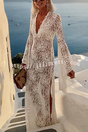 Dream Love Floral Lace Bell Sleeve V-neck Slit Maxi Dress