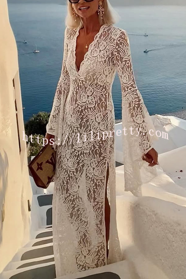 Dream Love Floral Lace Bell Sleeve V-neck Slit Maxi Dress