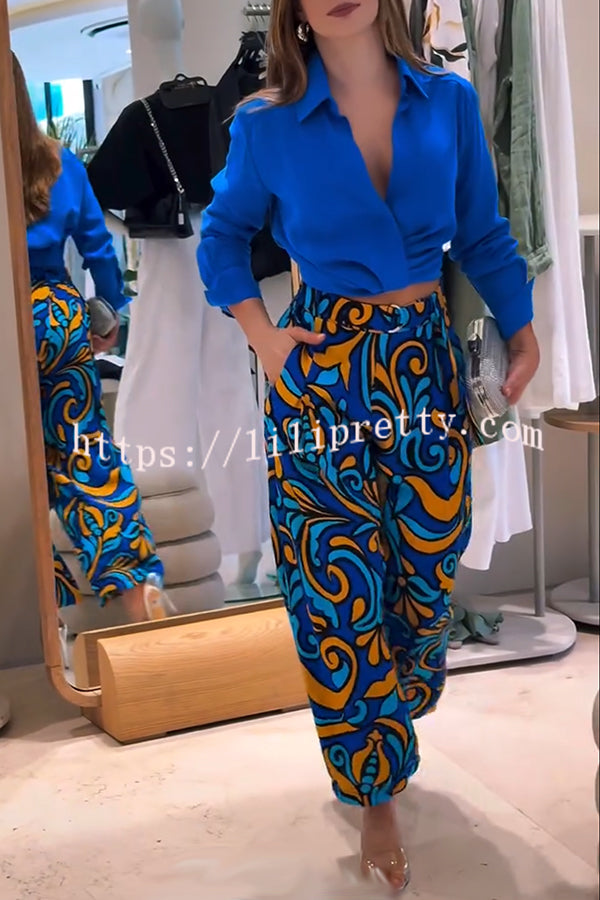 Ocean Heart Linen Blend Printed Ruched Hem Blouse and Belted High Rise Pocket Loose Pants Set
