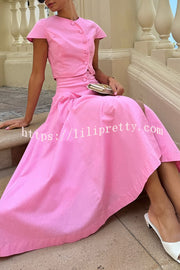 Solid Color Round Neck Button Crop Top and Elegant High Waist Slit Maxi Skirt Set
