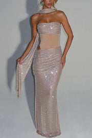 Kailani Sequin Strapless Mesh Cutout Waist Ruched Scarf Maxi Dress