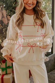 Candy Cane Cutie Loose Bow Tie Long-Sleeved Sweatshirt and Elastic Waist Pocket Pants Set