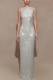 Holiday Nights Sequin Boat Neck Sleeveless Slit Maxi Dress