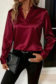 Solid Color Satin Loose V-neck Long-sleeved Casual Shirt