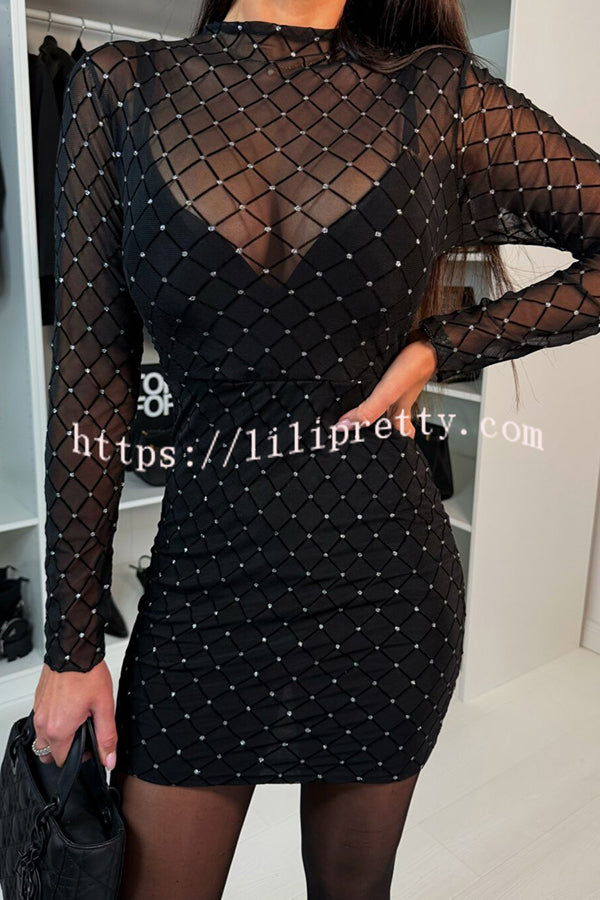 Sexy Language Mesh Glitter Fabric Long Sleeve Stretch Dress