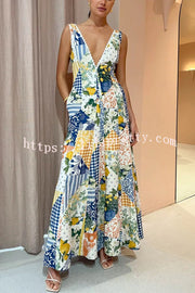 Lilipretty Eternal Italian Paradise Linen Blend Patchwork Print Pocketed Maxi Dress