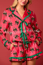 Christmas Holiday Print Bow Tie Long Sleeve and Elastic Waist Loose Shorts Set