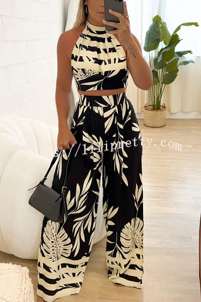 Botanical Print Halterneck Crop Top and Casual High-waist Wide-leg Pants Set