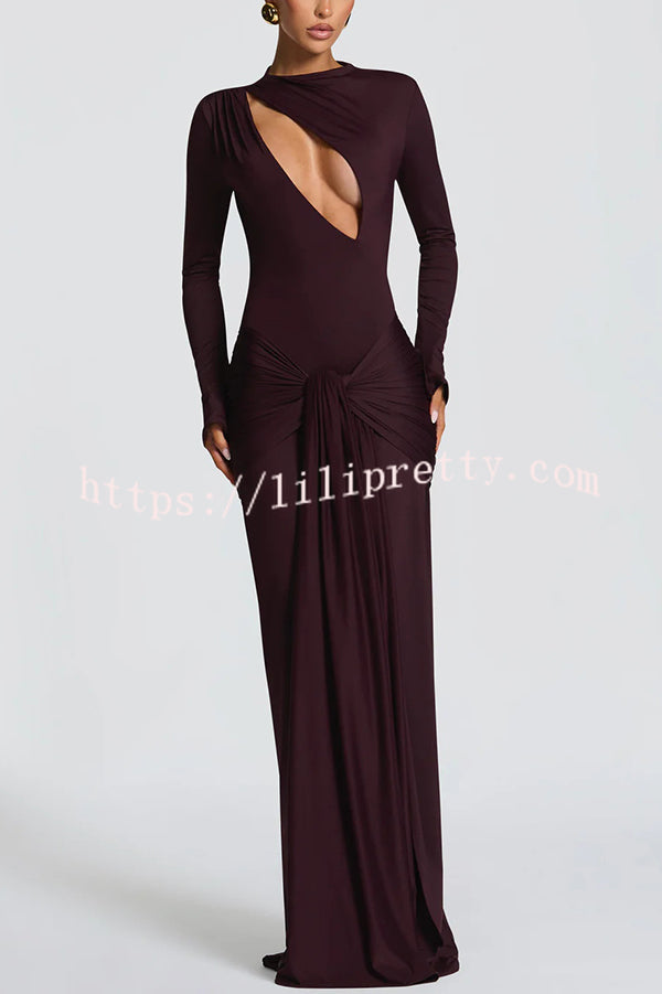 Sexy Cutout Fitted Long-sleeved Pleated Satin Ribbon Maxi Dresses