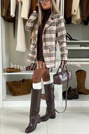 Classic Modern Plaid One Button Long Sleeve Flap Pocket Lapel Blazer