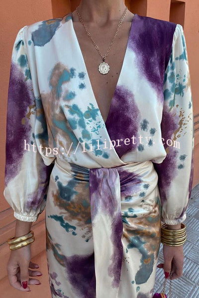 Lilipretty® Luxury Party Satin Tie-dye Print V-neck Long Sleeve Shirt