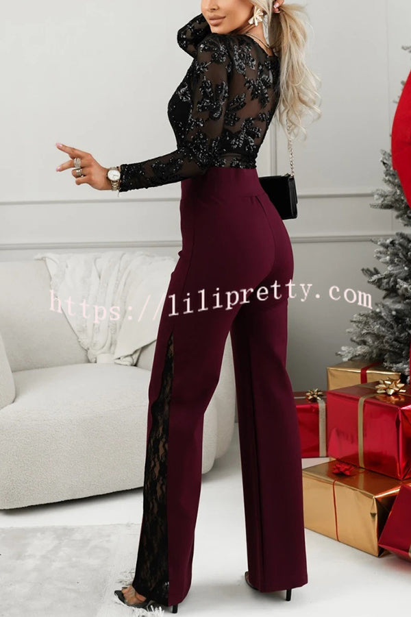 Dazzling and Sparkle Mesh Floral Sequin Long Sleeve Stretch Bodysuit