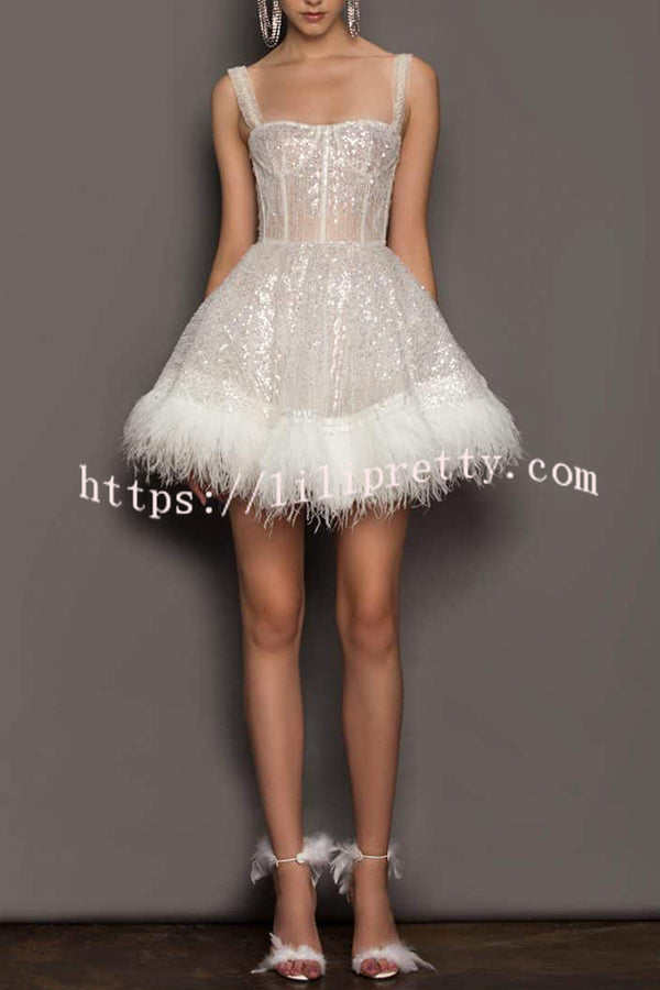 Lilipretty Strap Feather Sequin High Waist Zip Mini Dress