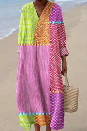 Striped Spot Print V-Neck Long Sleeve Loose Midi Dress
