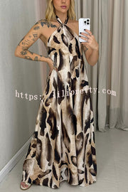 Leopard Print Sexy Halter Neck Backless Loose Maxi Dress