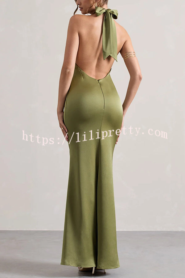 Solid Color Halter Neck Tie Sexy Backless Slim Maxi Dress