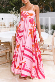 Botanical Print Square Neck Suspender Casual Full Hem Maxi Dress