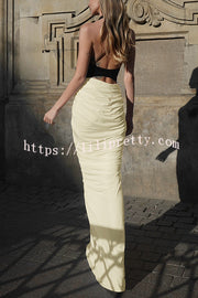 Fashionable Contrast Color Open Back Side Pleated Draped Maxi Dress