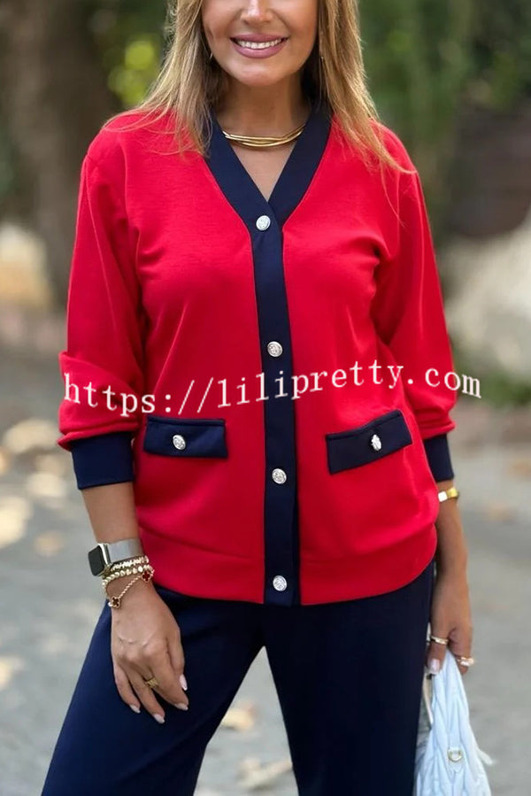 Stylish Color-blocked V-neck Knitted Button-down Cardigan and Elastic Waist Casual Wide-leg Pants Set