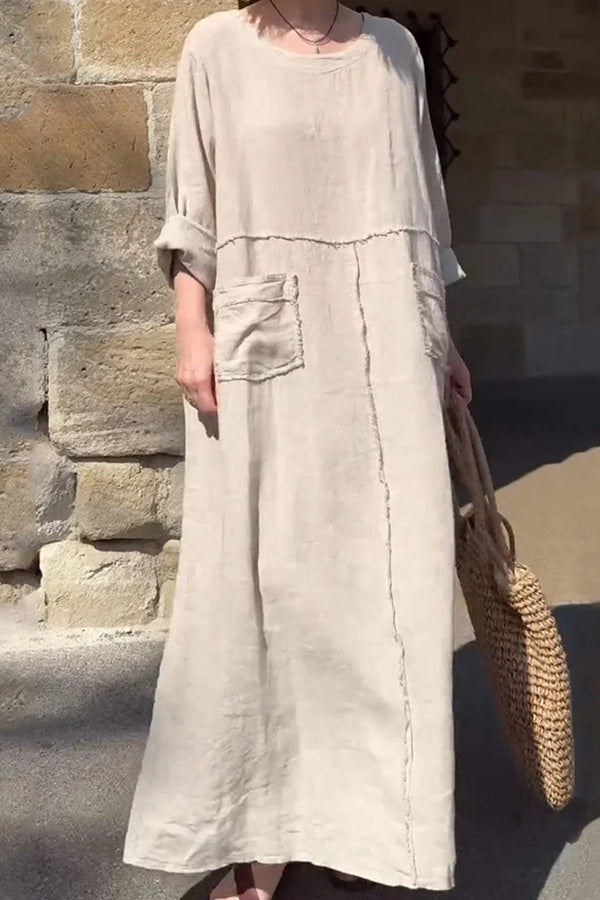 Linen Blend Solid Color Long-sleeve Paneled Pockets Loose Maxi Dress