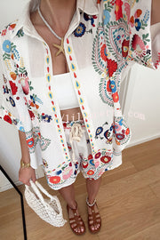 Linen Blend Floral Print Short Sleeve Loose Shirt and Elastic Waist Tie Casual Shorts Set
