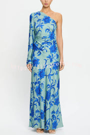 Satin Botanical Print One-Sleeve Resort Maxi Dress