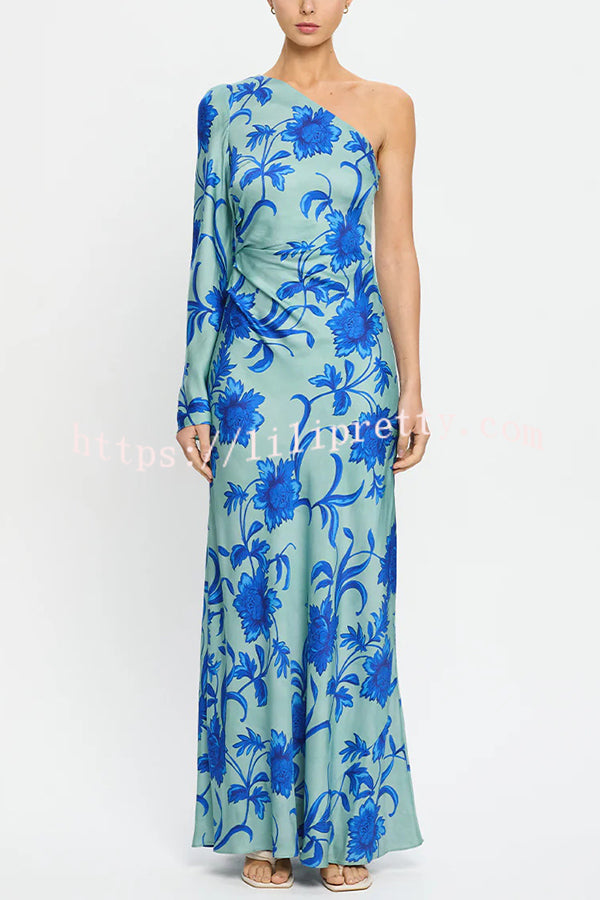 Satin Botanical Print One-Sleeve Resort Maxi Dress