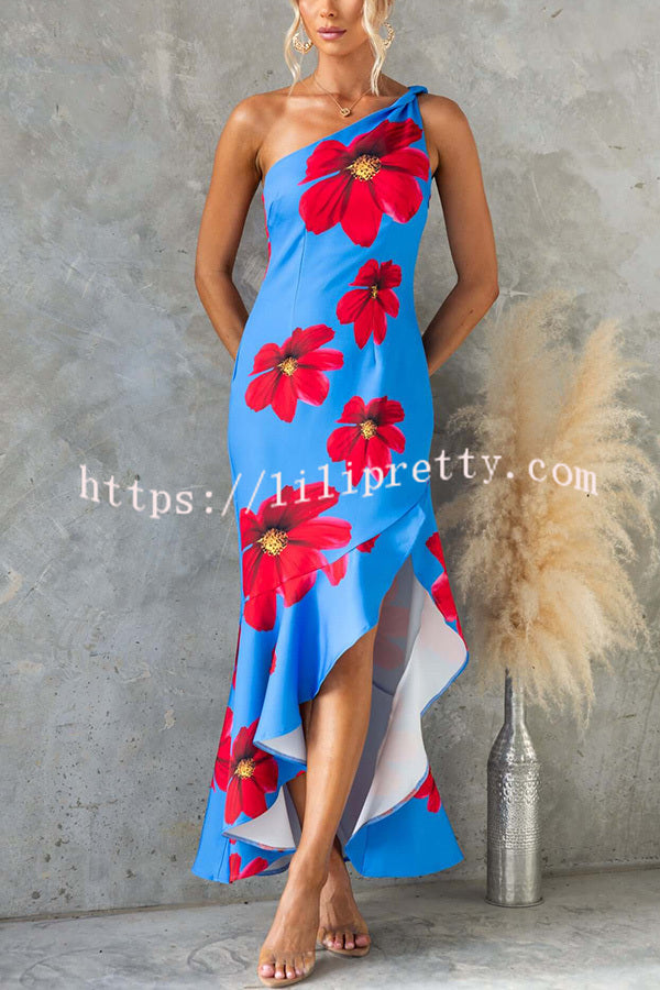 Stunning Muse Floral Print One Shoulder Irregular Ruffles Slit Maxi Dress