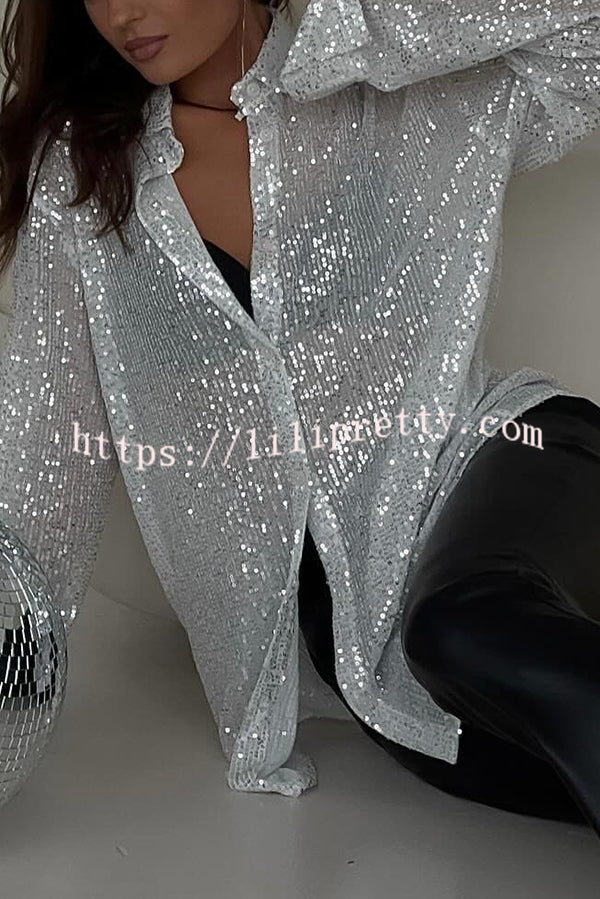 Fashion Sequin Lapel Long Sleeve Loose Shirt