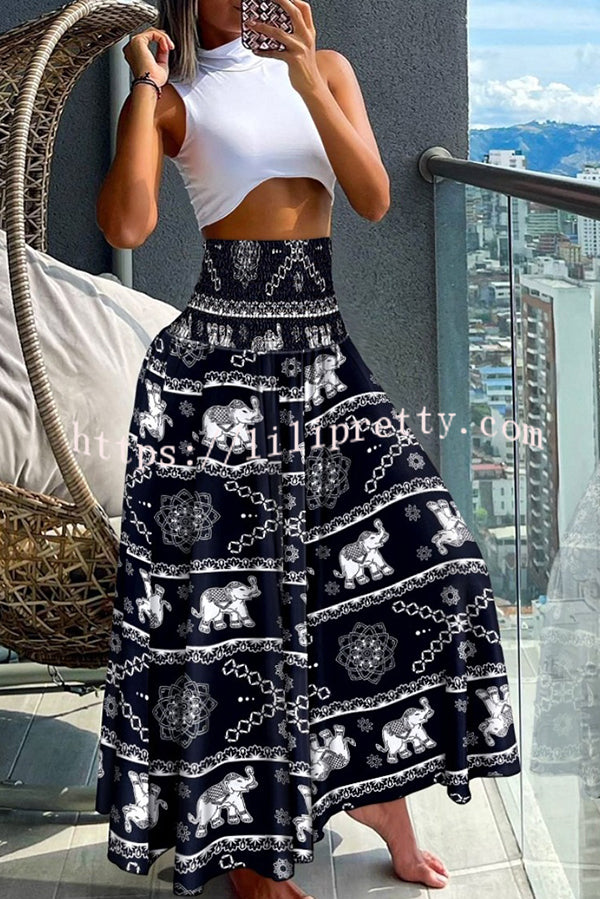 Unique Printed Pleated Elastic Waist Holiday Casual Maxi Skirt