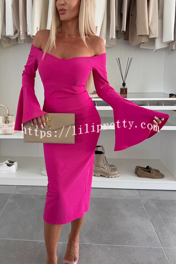 Solid Color Sexy Off-shoulder Trumpet Sleeve Slim Midi Dress