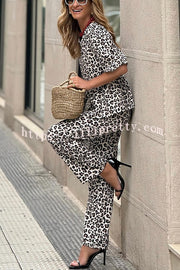 Enjoy Everyday Leopard Print Puff Sleeve Babydoll Top and Elastic Waist Pocketed Pant Set