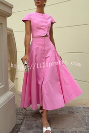 Solid Color Round Neck Button Crop Top and Elegant High Waist Slit Maxi Skirt Set