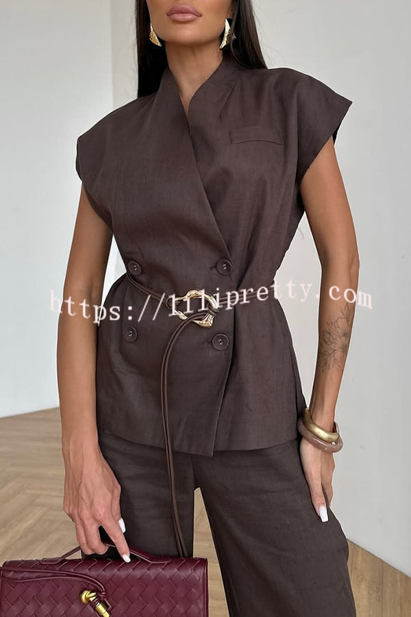Modern City Double Breasted Belted Wide Short Sleeve Suit and Elastic Waist Loose Pants Set