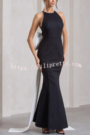 Statement Chic Racer Neck Back Oversized Bow Hem Backless Maxi Dress