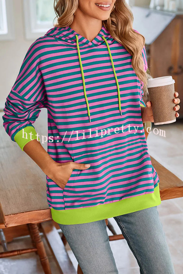 Striped Print Long Sleeve Pocket Loose Hoodie