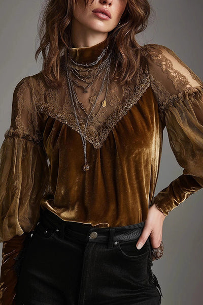 Fashionable Velvet and Mesh Patchwork Casual Long-sleeved Top