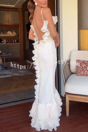 Alisin Pleated Chiffon Wavy Ruffles Trim Slip Maxi Dress