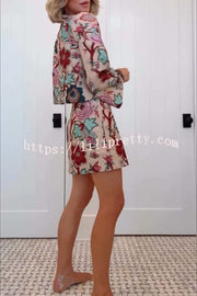 Autumn Garden Printed V-neck Long Bell Sleeve Top and Mid Rise Skirt Set