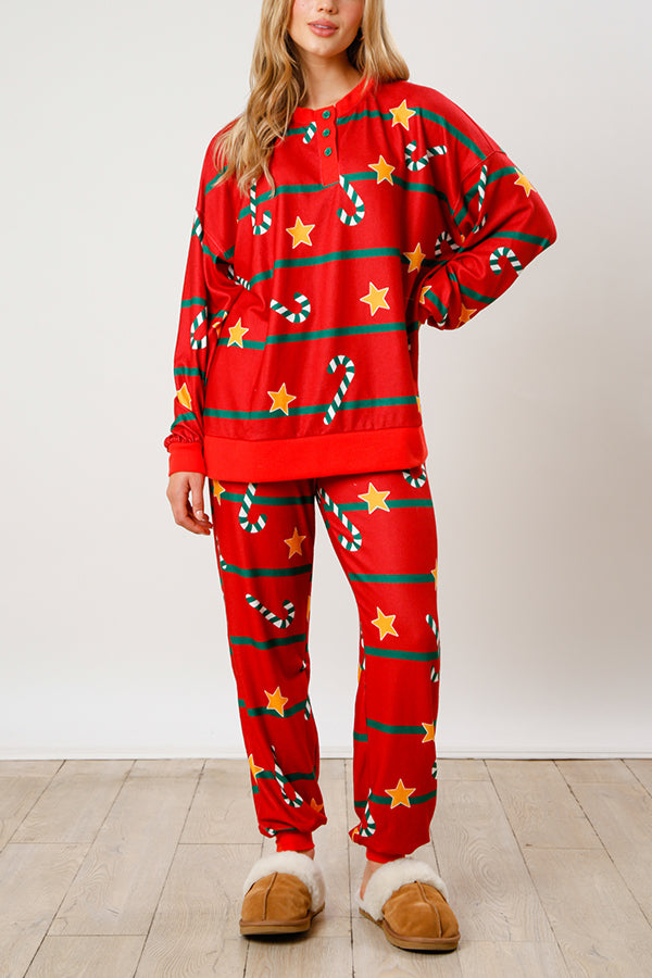 Christmas Print Button Long Sleeve Top and Elastic Waist Tie Pocket Pants Set