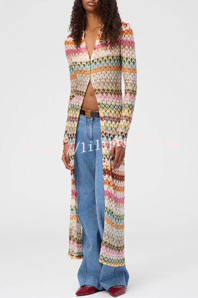 Anna Knit Colorful Herringbone Print Shirt Neck Button Long Sleeve Slim-fit Long Cardigan