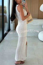 Solid Color Sleeveless Hollow Knit Crop Top and Elastic Slit Slim Midi Skirt Set