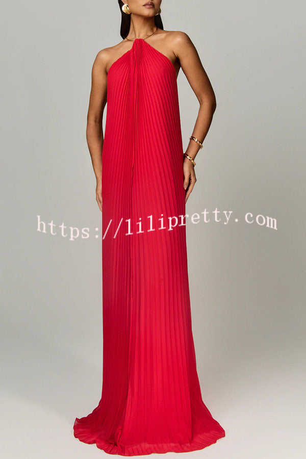 Coralie Pleated Metal Ring Halter Backless Loose Maxi Dress