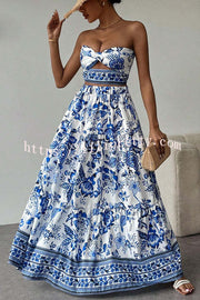 Floral Print Cutout Bandeau Top and Elastic Waist Full Maxi Skirt Set