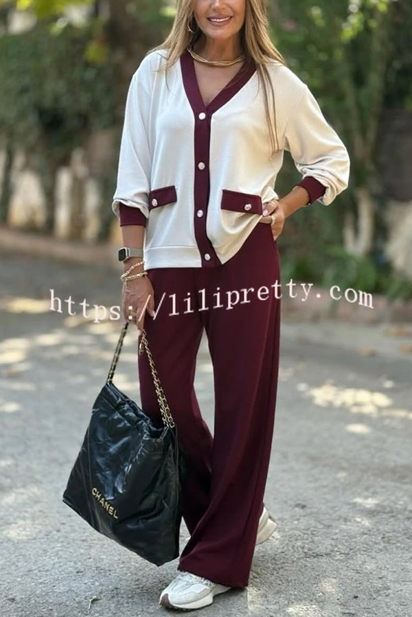 Stylish Color-blocked V-neck Knitted Button-down Cardigan and Elastic Waist Casual Wide-leg Pants Set